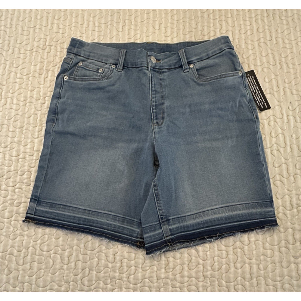Denim & Co Easy Stretch Light Wash Denim Shorts w/Frayed Hem Size 12 NWT